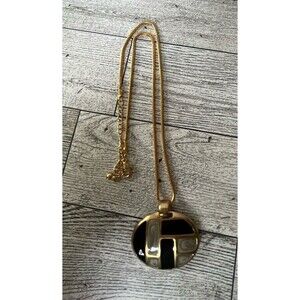 Vintage Gold Tone Enameled Pendant Necklace Grey/Black 10" Lobster Clasp